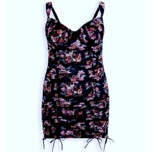 BLACK FLORAL MESH DRAWSTRING CHEMISE NWOT